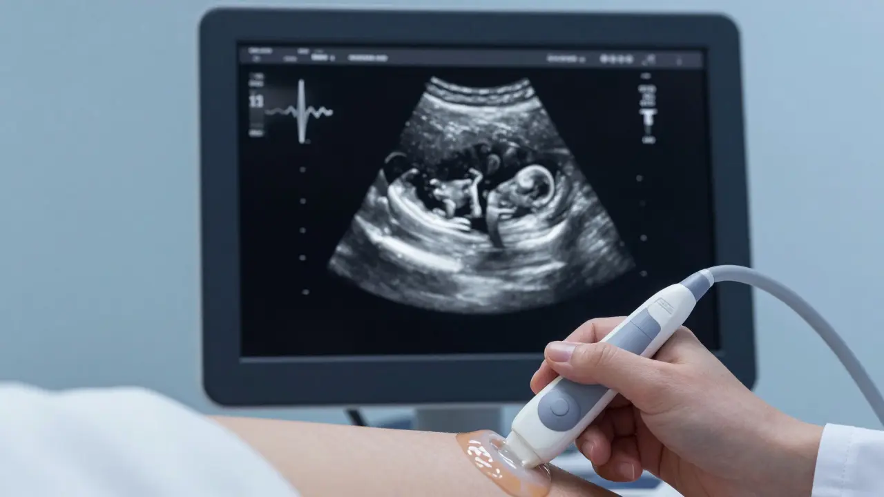 Ultrazvukový monitor zobrazující plod s tepem srdce během vyšetření