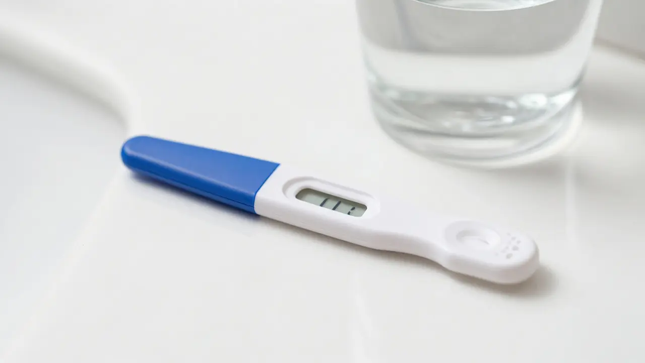 Záběr na digitální těhotenský test na koupelnovém pultu