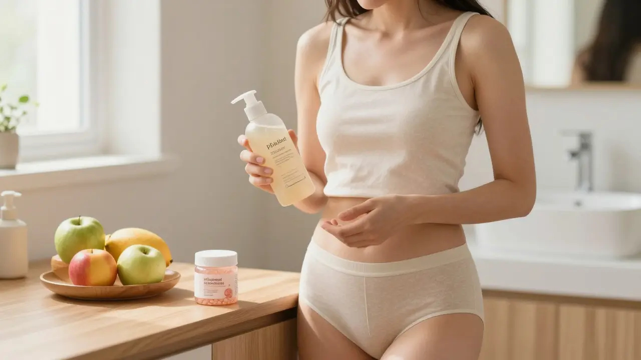 Žena v bavlněném prádle s probiotiky a přírodní hygienou pro prevenci mykózy