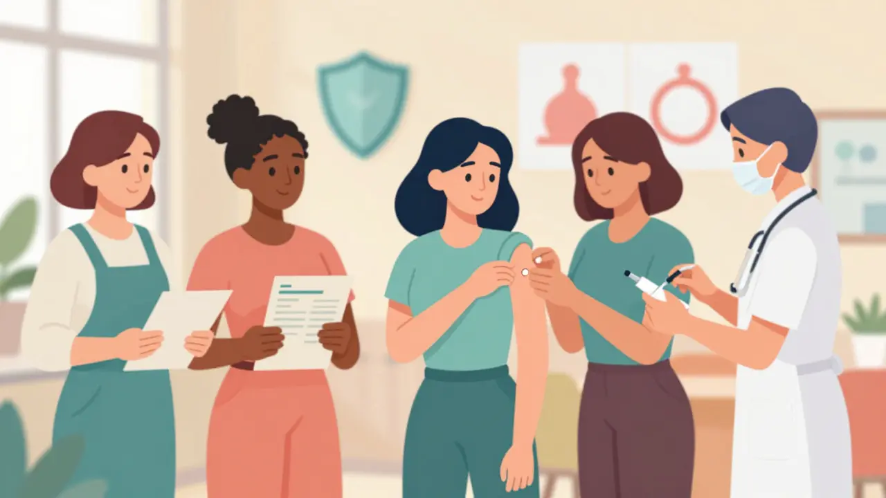 Ženy v klinice, jedna dostává vakcínu proti HPV, důraz na prevenci