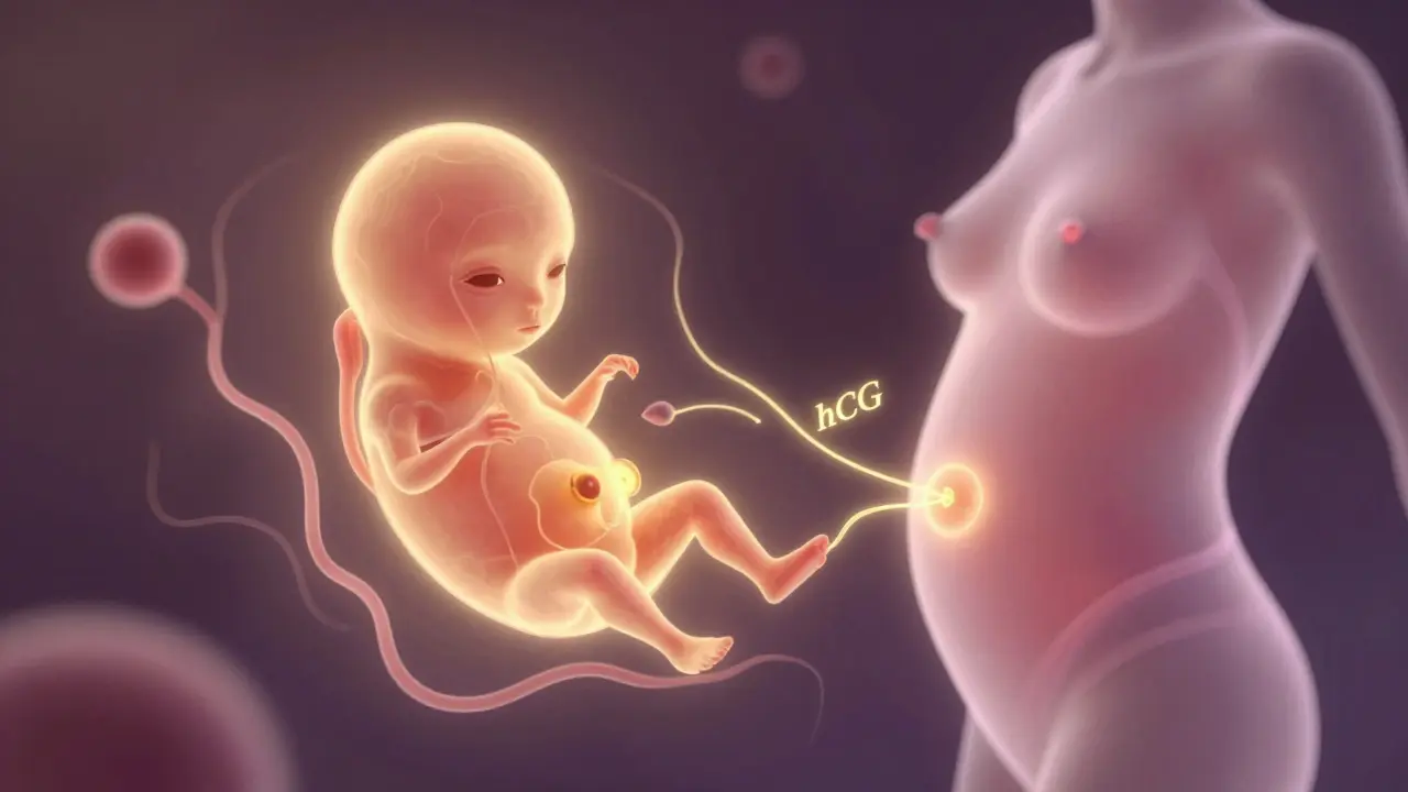 Abstraktní ilustrace embrya a hormonů při počátku těhotenství