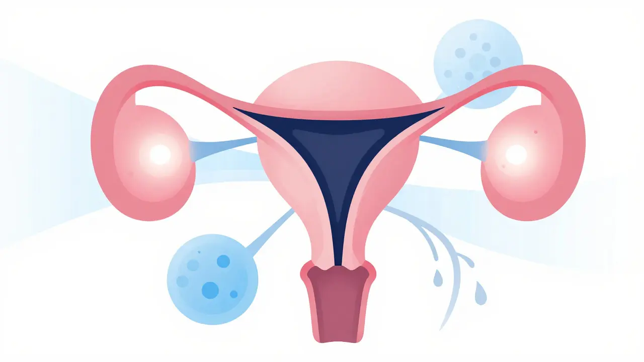 Abstraktní ilustrace hormonální nerovnováhy a vaječníků