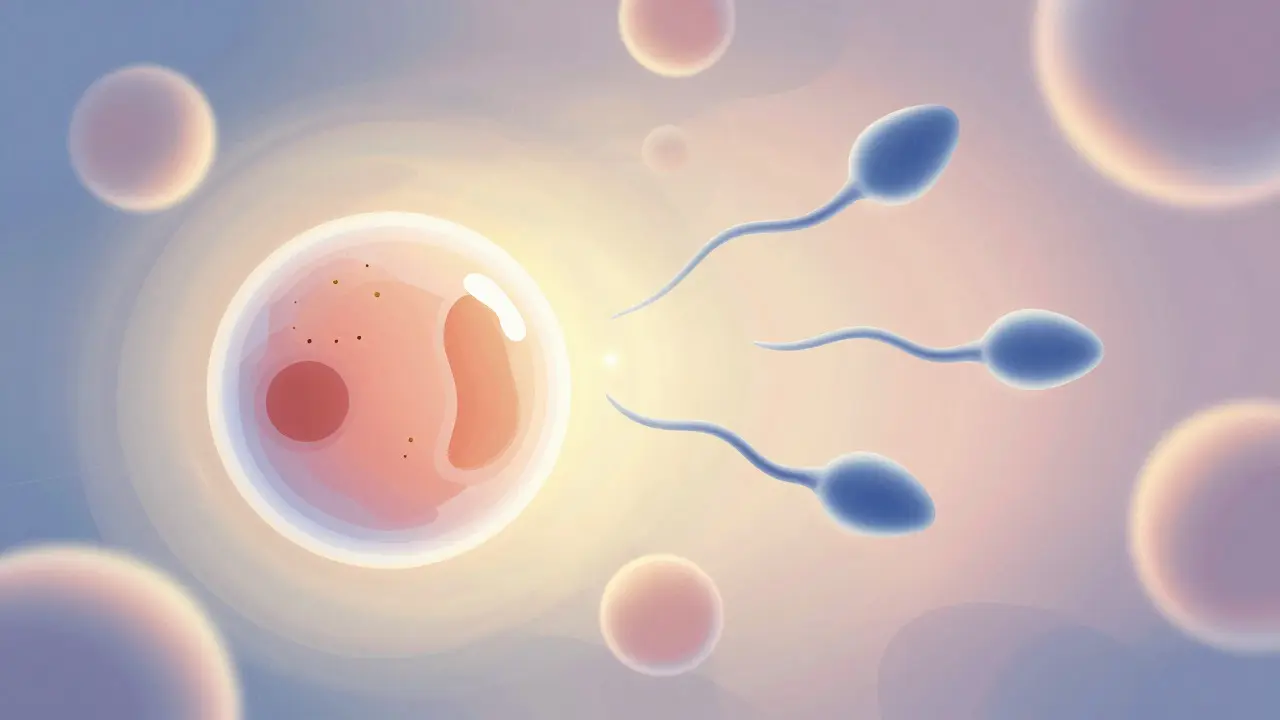 Abstraktní ilustrace oplodnění vajíčka spermiemi