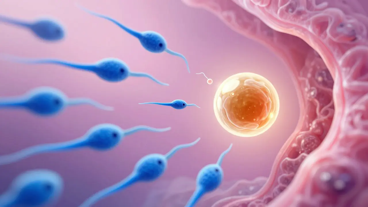 Abstraktní ilustrace spermií a vajíčka
