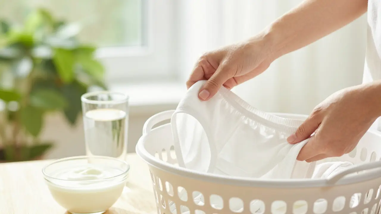 Bavlněné prádlo, jogurt a voda symbolizují prevenci a hygienu.