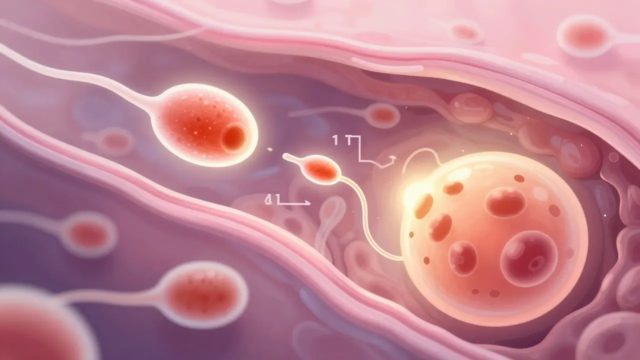Ilustrace procesu oplodnění a implantace embrya do dělohy
