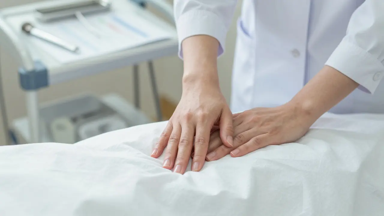Lékař provádí hmatové vyšetření břicha u pacientky na lůžku