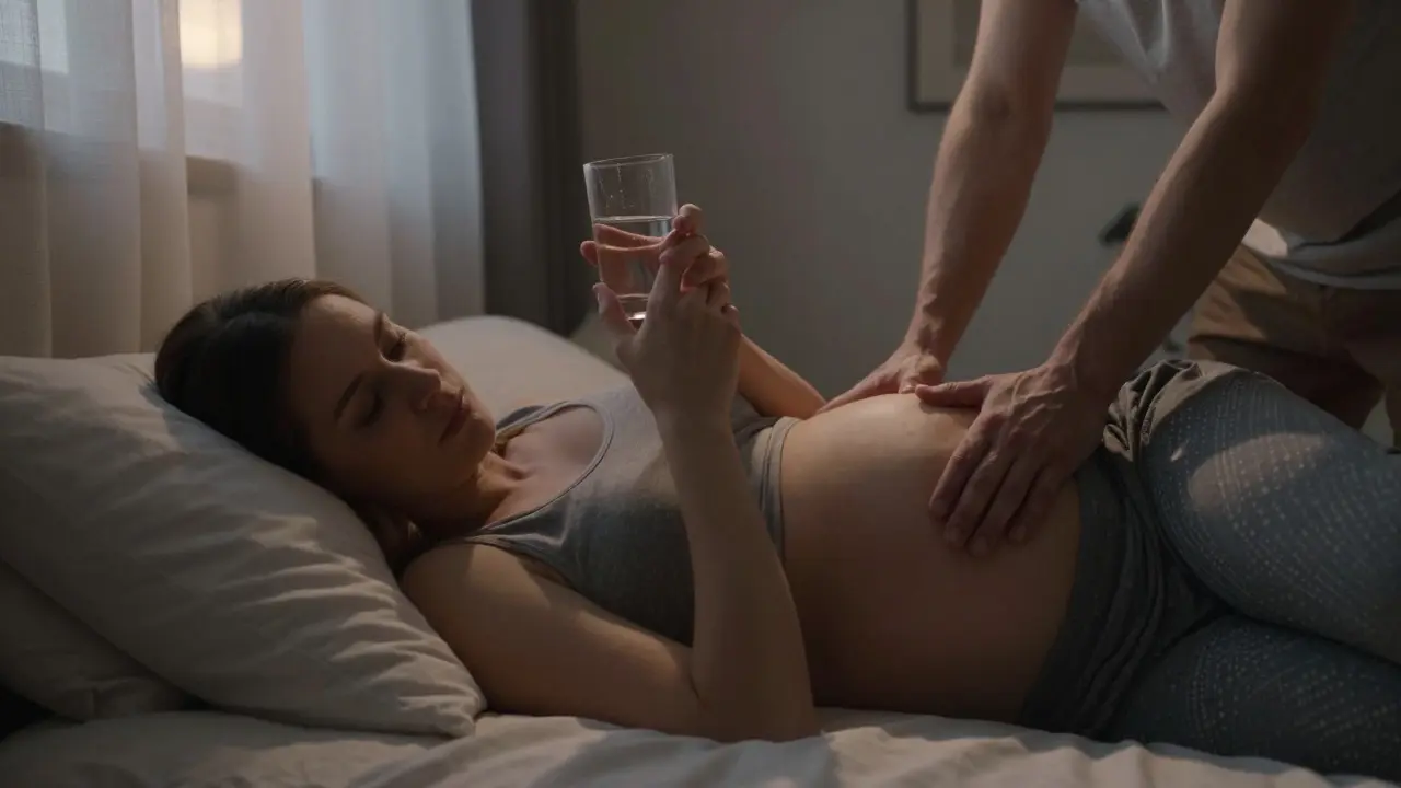 Partner masíruje záda těhotné ženy ležící v posteli při pití vody