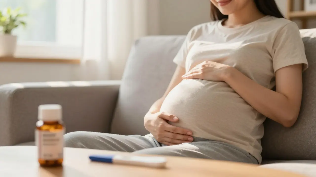 Těhotná žena drží břicho vedle pozitivního testu