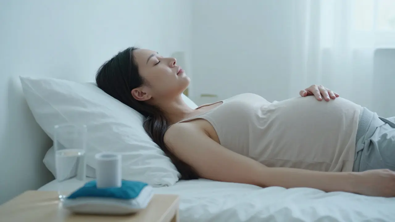 Těhotná žena odpočívá na boku a pije vodu pro úlevu