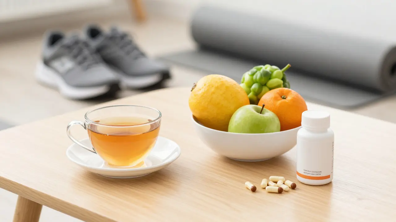 Zdravé návyky: vitamíny, ovoce a čaj na dřevěném stole