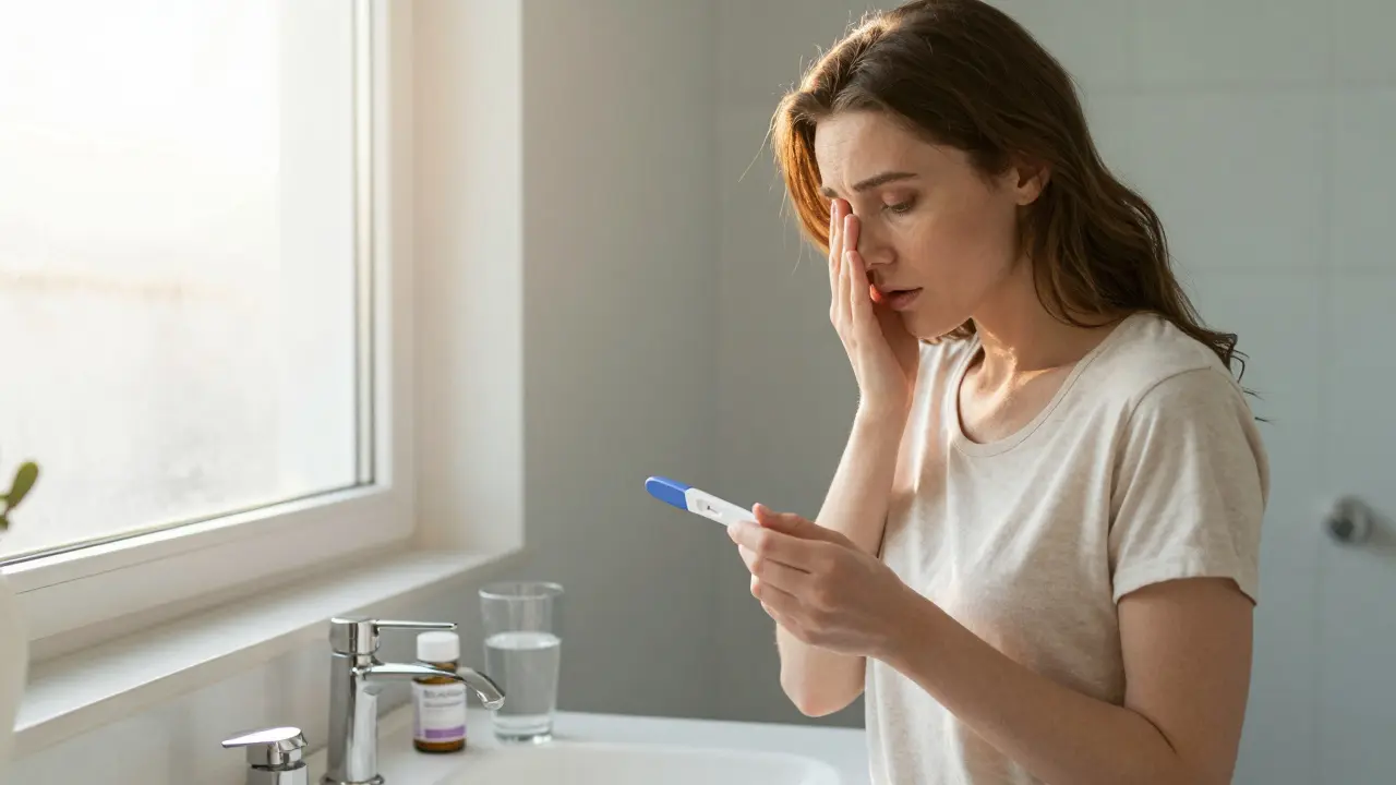 Žena drží pozitivní těhotenský test v ranním světle u umyvadla