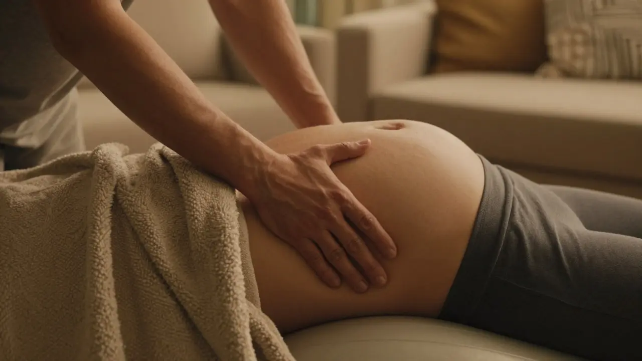 Partner masíruje záda těhotné ženy na fitballu