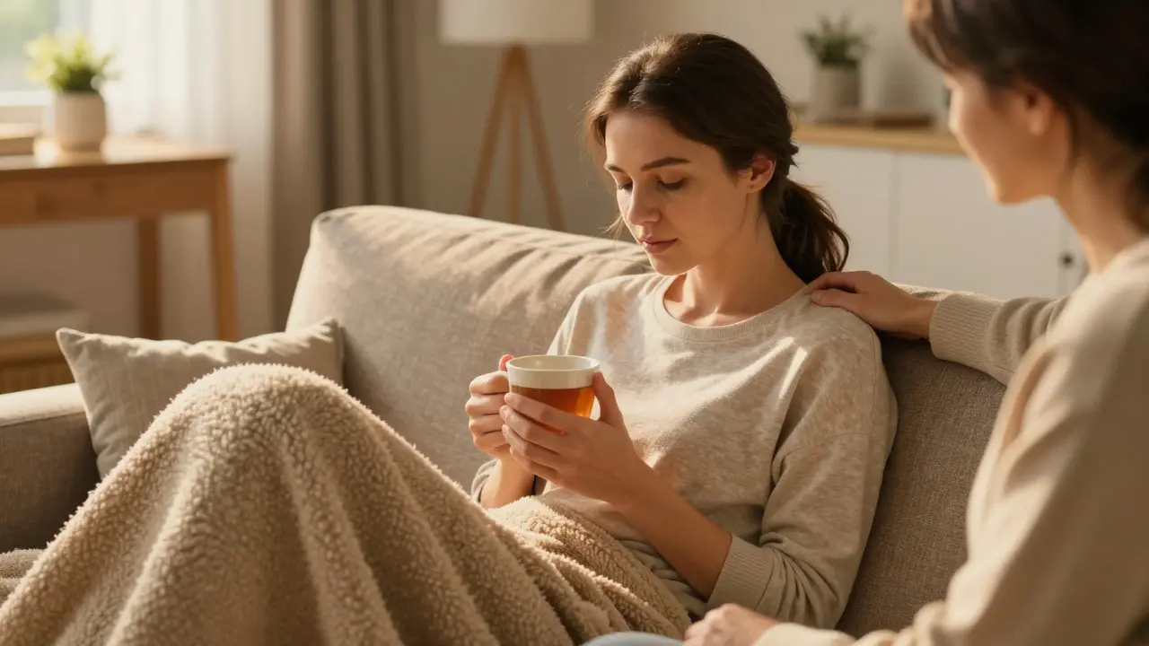 Žena v klidu doma s podporou blízké osoby během rekonvalescence