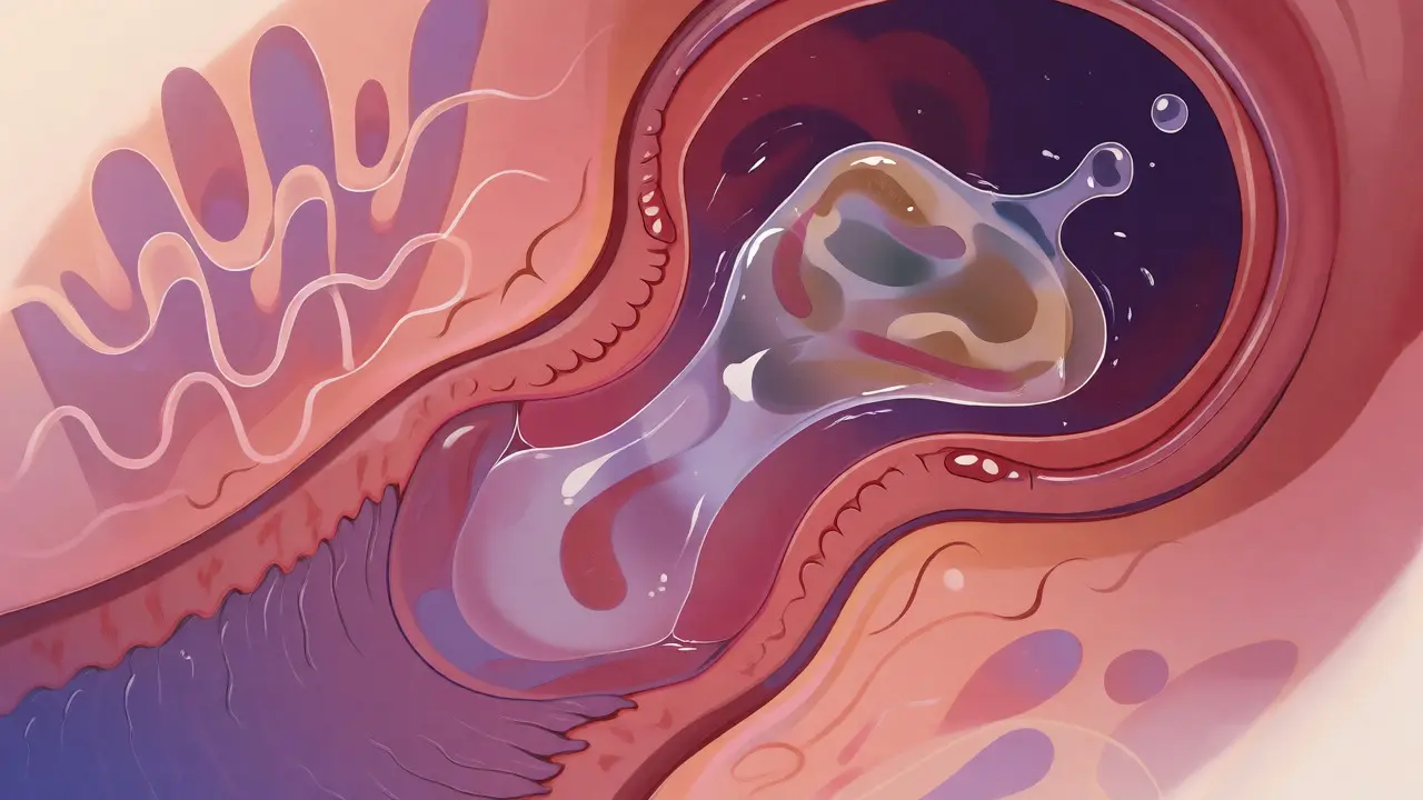 Ilustrace měknutí děložního čípku a uvolňování hlenové zátky.