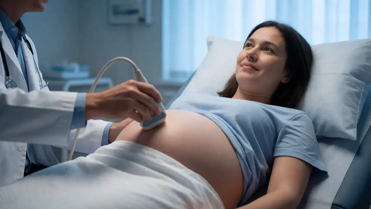 Lékař provádí ultrazvuk těhotné pacientky na vyšetřovně