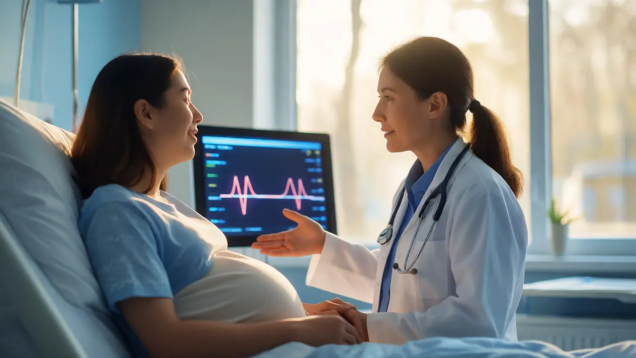 Lékařka vysvětluje preventivní péči těhotné pacientce ve světlé ordinaci