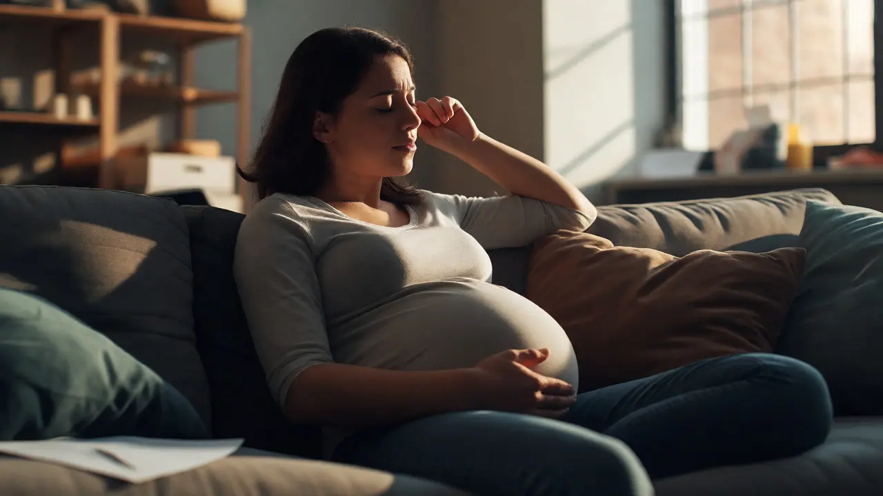 Těhotná žena v rozjímání na gauči, ilustrující dopad stresu na těhotenství